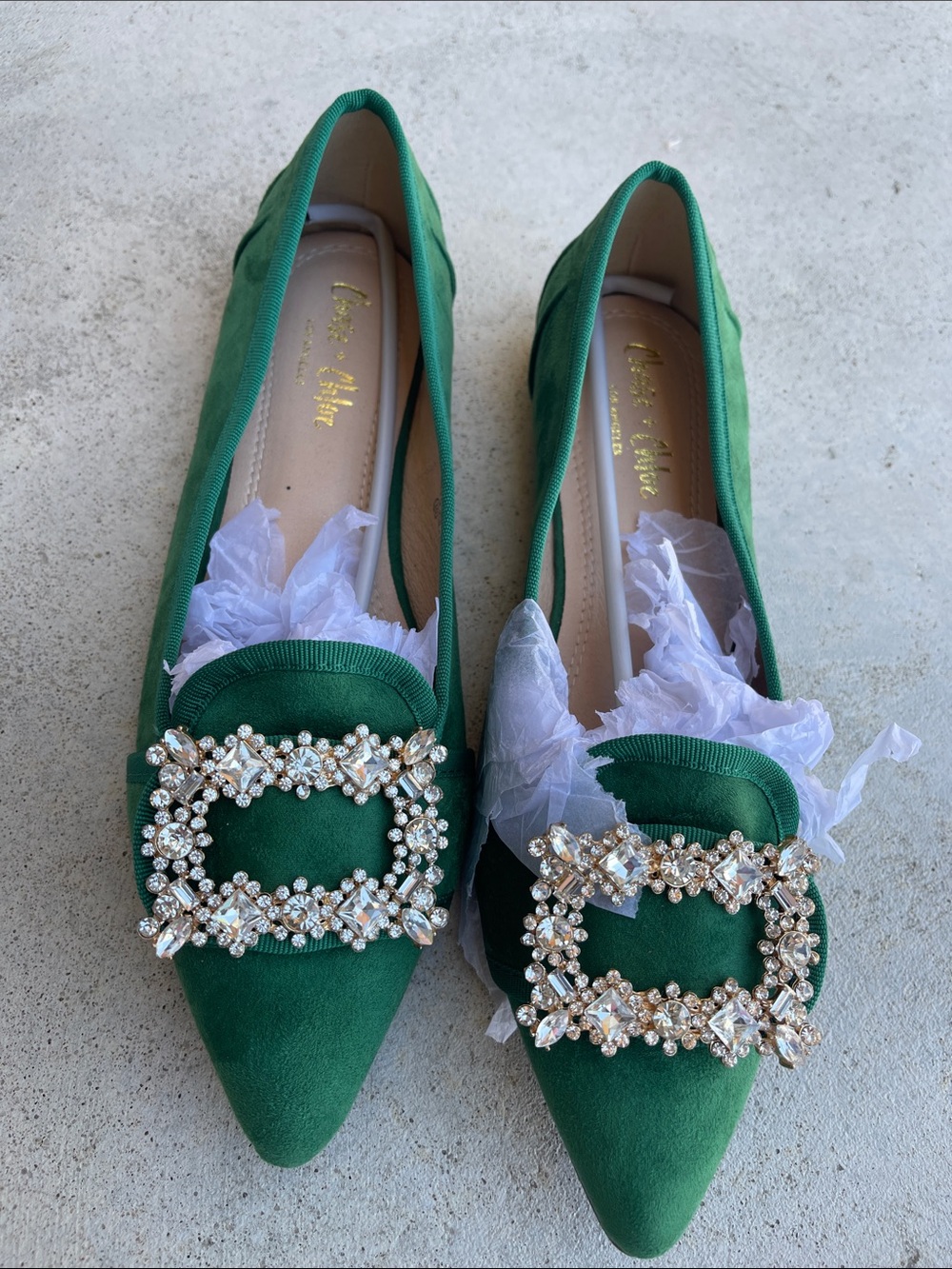 Chase + Chloe Green Pointed-Toe Flats with Crystal Buckles